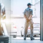 auto-mechanic-is-pouring-oil-into-car-engine-hood-while-standing-garage