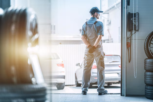 auto-mechanic-is-pouring-oil-into-car-engine-hood-while-standing-garage
